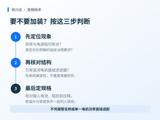 配置输入电抗器前先确认问题、核对现有结构并评估电压裕量